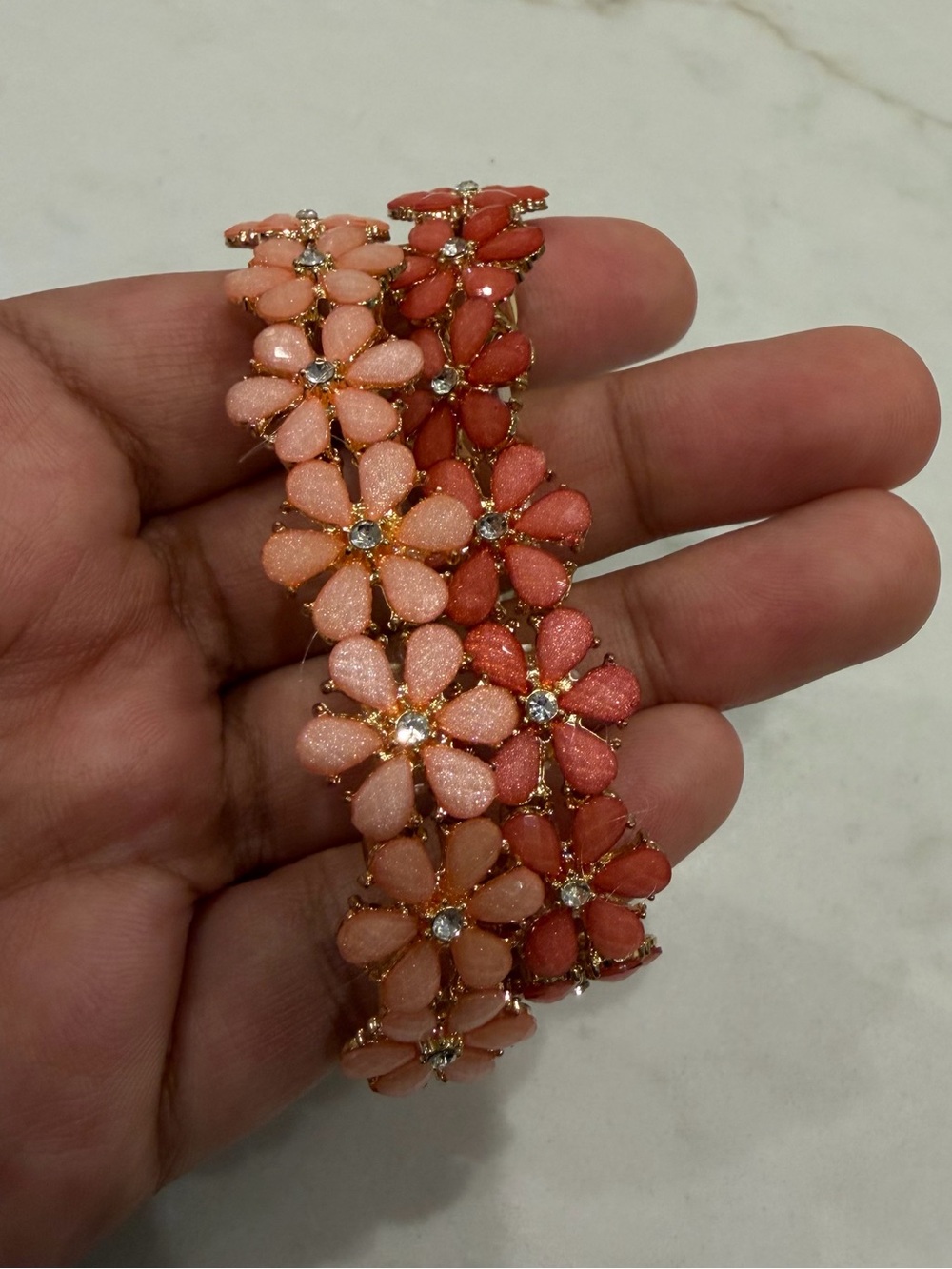 Pink Floral Stretch Bracelet Set of 2 | Gold Tone Flower Bracelets